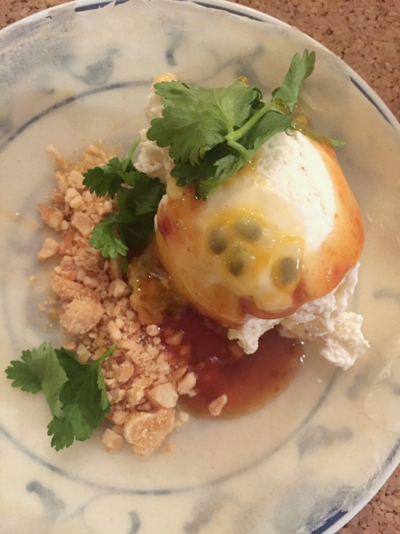 Dessert at Ling ing's supper club! Vanilla ice cream with miso caramel, peanut brittle, coriander and passion fruit.
