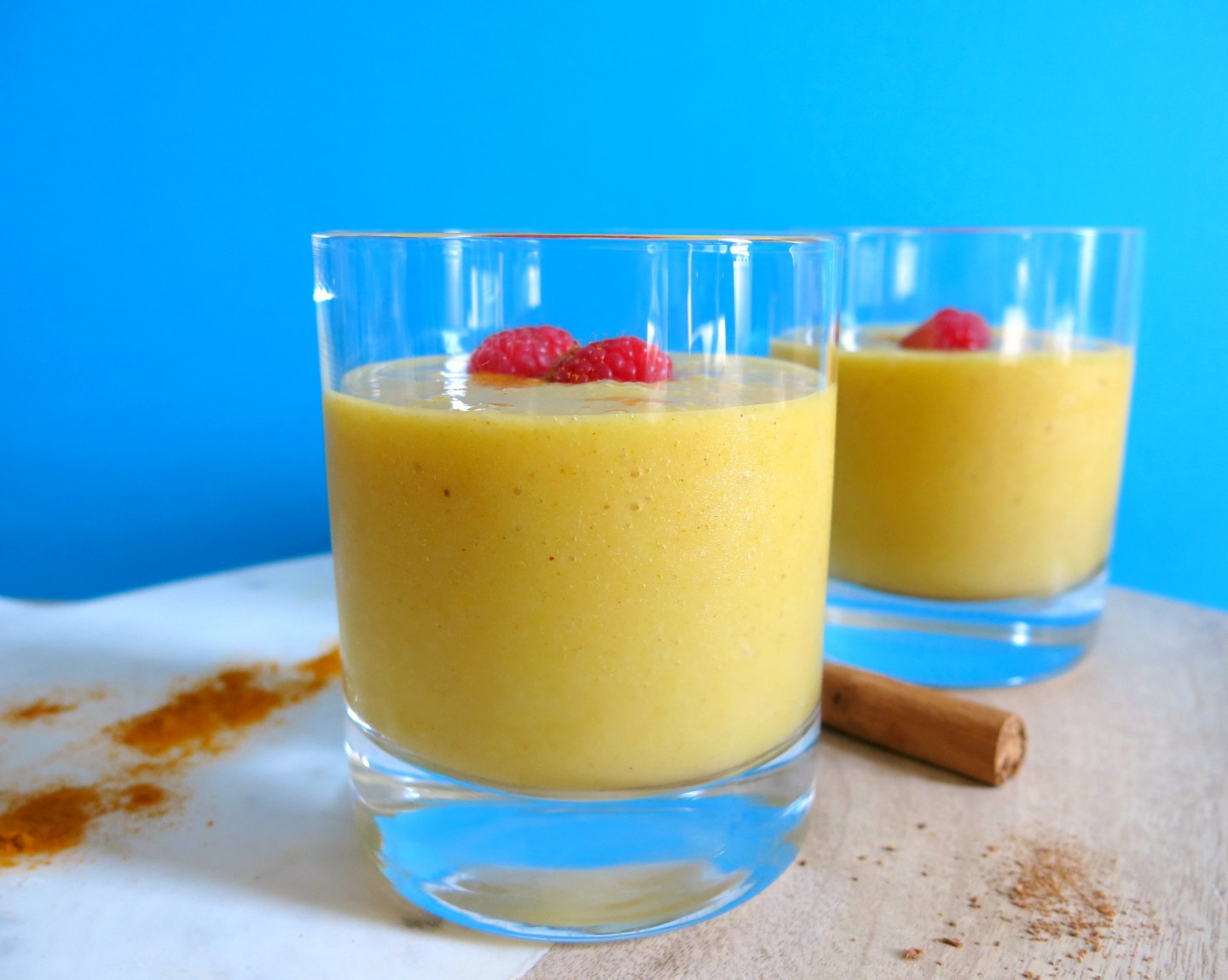 Quick and easy Mango, Banana, Turmeric and Oat Milk Smoothie Recipe.