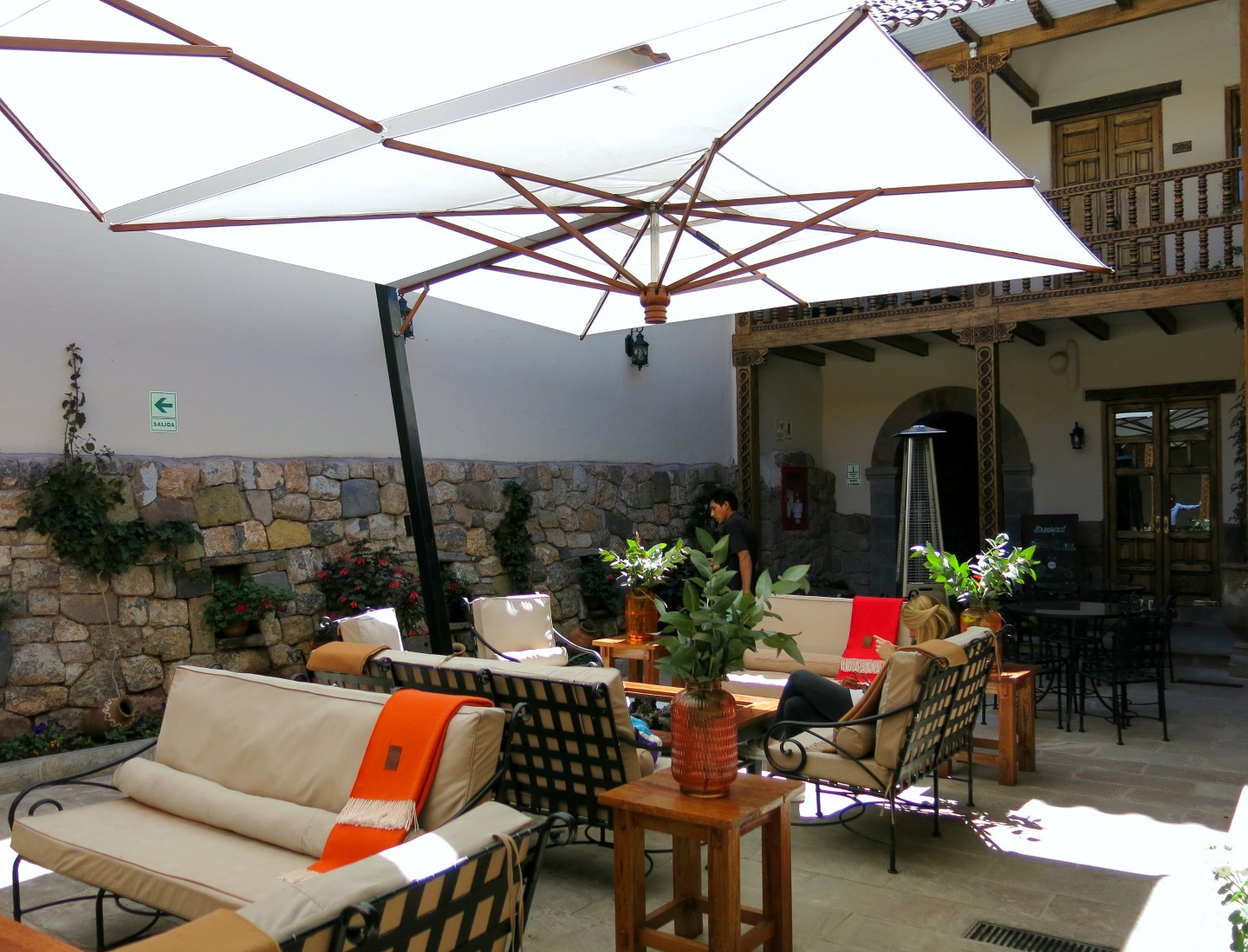 The luxury Antigua Casona hotel in the San Blas area of Cusco has a beautiful courtyard with fire pits. 