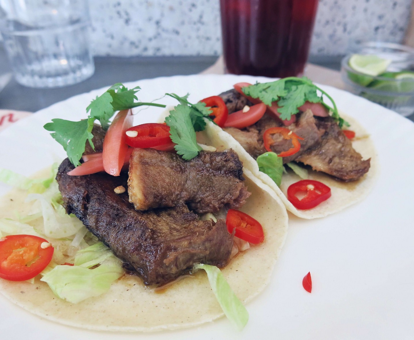 The 12 hour braized ox tongue tacos at Corazon in Soho, London. A great restaurant for lunch under £10.