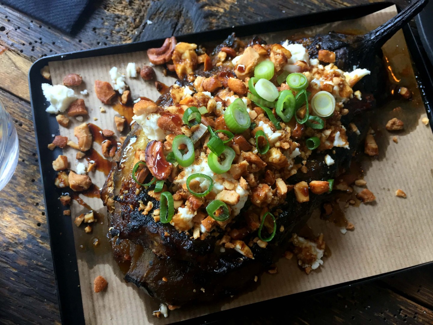 The miso aubergine is topped with roasted cashews and is so delicious at Smokestak, London.