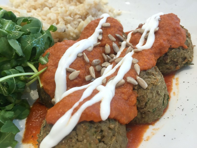 The lentil and onion balls with cashew cream are vegan and utterly delicious! I loved The Mae Deli!