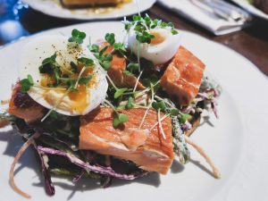 Hot smoked salmon with kale coleslaw. Brunch in London at Bellanger, Islington Green.