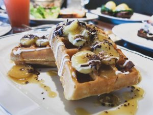The caramel banana and chocolate waffles at Bellanger, Islington. London brunch.