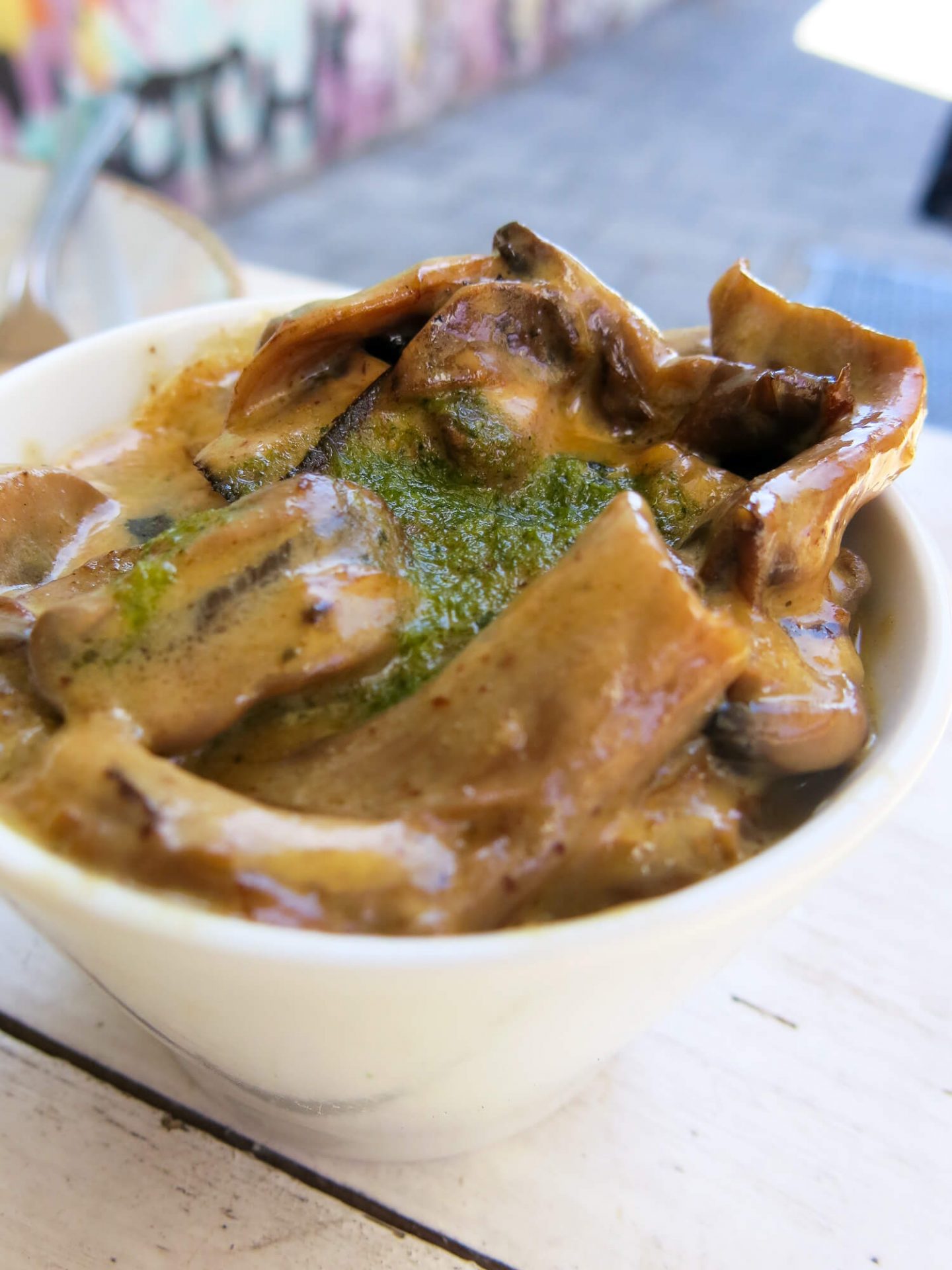 The creamy pesto mushrooms at Tupi. A great place for brunch in Peckham!